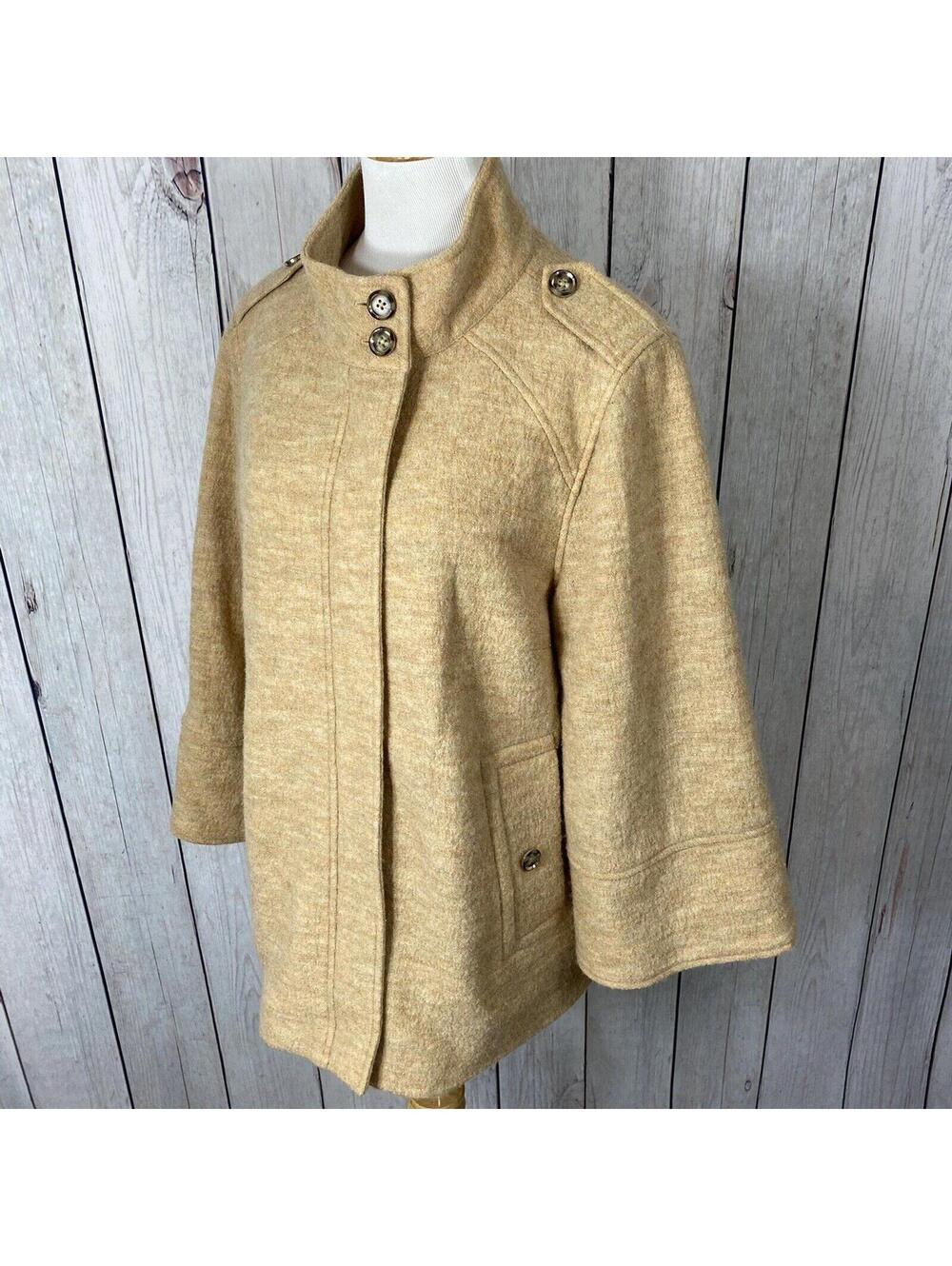 LKNW Chico’s Tan Wool High Neck  Like Boxy Swing Zip  Jacket Bell Sleeves 1